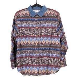 Capacity VTG Button Up Denim Shirt PM 90s Leopard Geometric Safari Leopard Camp